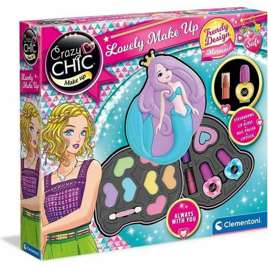 Förpackningen till ett Crazy Chic sminkset för barn som har en sjöjungfruformad behållare och innehåller ögonskuggor, läppglans, nagellack och läppstift i flera färger.