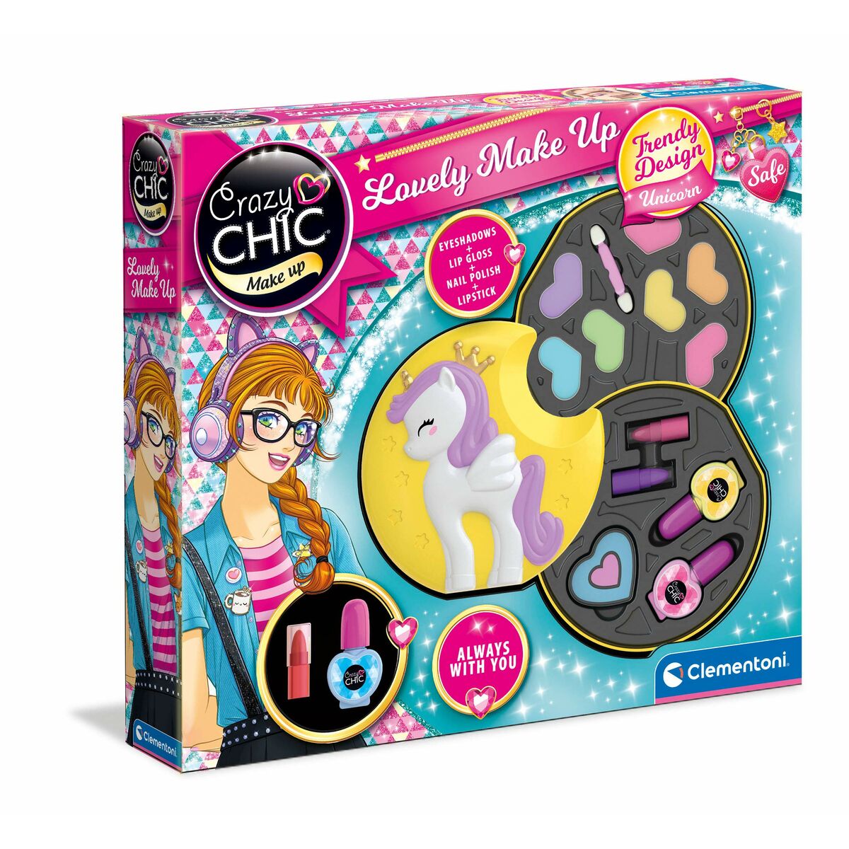 Närbild på lådan till ett Crazy Chic Lovely Make Up set som visar en tecknad tjej med hörlurar och glasögon, samt ett utfällbart sminkfack med färgglada ögonskuggor, läppglans, nagellack och en vit enhörningsfigur på en gul måne.