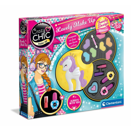 Närbild på lådan till ett Crazy Chic Lovely Make Up set som visar en tecknad tjej med hörlurar och glasögon, samt ett utfällbart sminkfack med färgglada ögonskuggor, läppglans, nagellack och en vit enhörningsfigur på en gul måne.