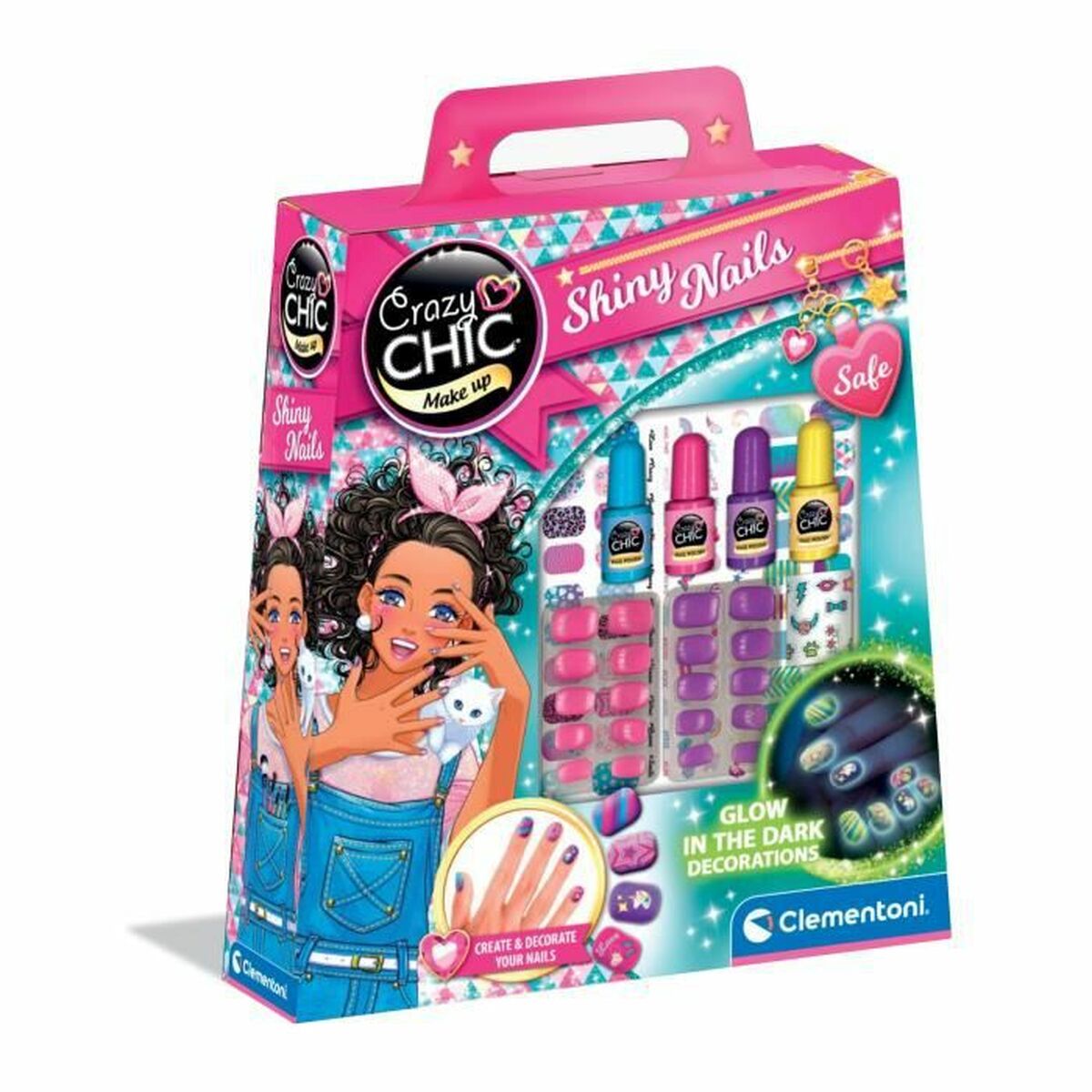 En färgglad låda med Crazy Chic sminkset för naglar i färgerna rosa, lila och blått, som visar upp nagellack och påklistringsbara naglar med effekten att de lyser i mörkret.