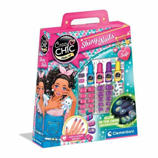En färgglad låda med Crazy Chic sminkset för naglar i färgerna rosa, lila och blått, som visar upp nagellack och påklistringsbara naglar med effekten att de lyser i mörkret.