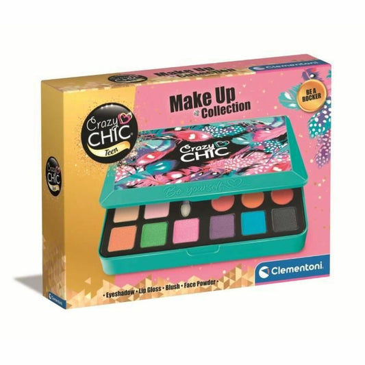 Förpackningen till ett Crazy Chic Make Up Collection sminkset från Clementoni som heter 'Be a Rocker', innehållande en palett med åtta olika färger för ögonskugga, läppglans, rouge och ansiktspuder.