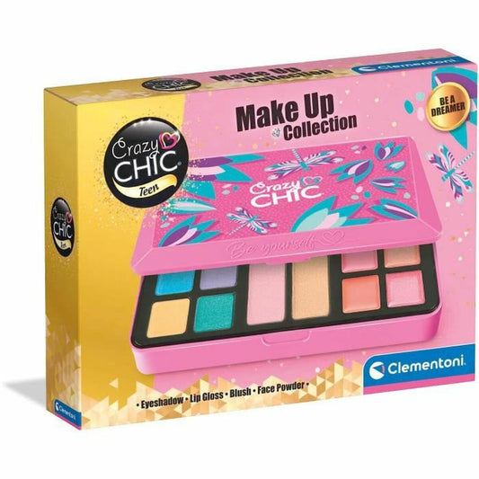 En rosa och gul sminkpalett från Crazy Chic Make Up Collection för tonåringar, med en uppsättning ögonskuggor, läppglans och puder.