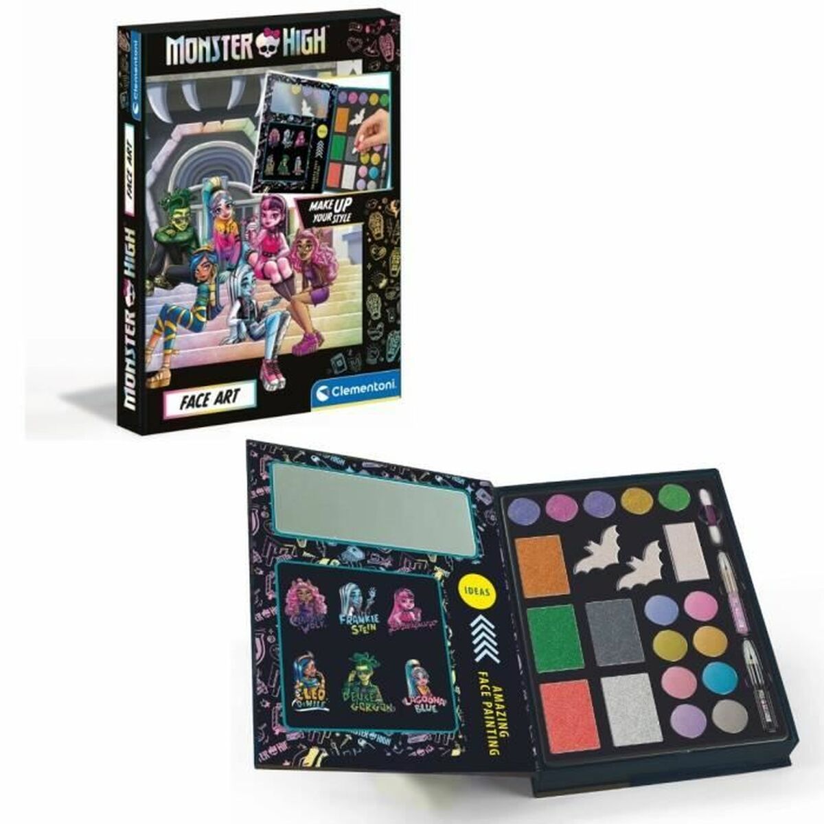Monster High sminkset för barn utbrett med en spegel, olika färger i paletter och tillbehör som en liten pensel.