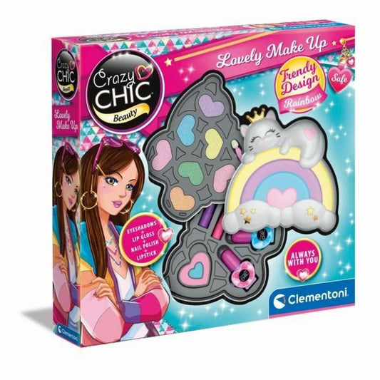 Ytterförpackningen till Clementoni Crazy Chic Beauty Lovely Make up-setet som visar en illustration av en tjej i modekläder och ett uppfällbart sminkset format som ett hjärta med en regnbåge och en sovande katt på toppen.