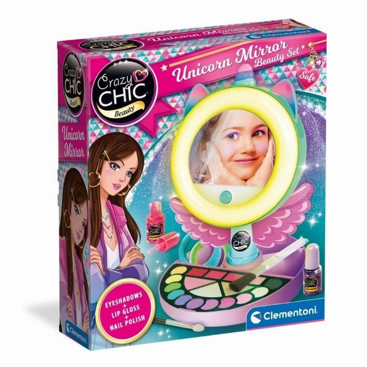 En färgglad låda med ett enhörningstema som visar ett sminkset med spegel och olika sminkprodukter.
