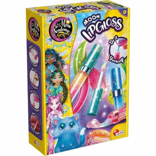 En färgglad produktlåda för ett pysselset som heter Moon Lipgloss från The Moon Academy, som visar instruktionssteg och bilder på olika glitteriga läppglansbehållare.
