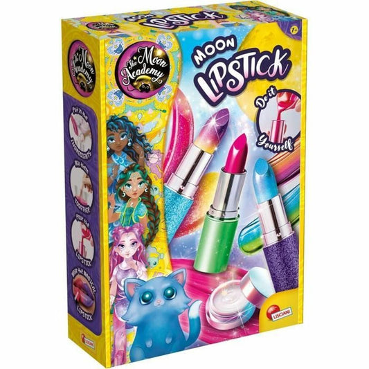 En färgglad kartongförpackning för ett DIY-läppstiftssats från The Moon Academy som visar tre olika glitterläppstift och illustrerade karaktärer.