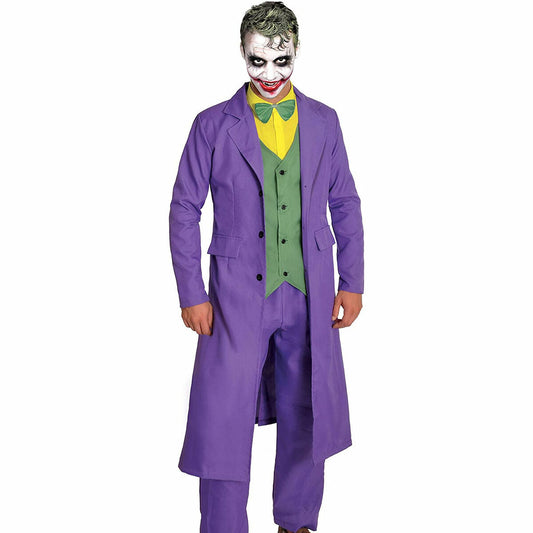 Vuxen man klädd i en komplett Joker-maskeraddräkt bestående av en lång lila rock, lila byxor, en grön väst, en gul skjorta och en grön fluga.