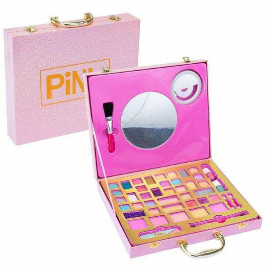 En öppen rosa, glittrig sminkportfölj märkt 'Pink It Selfie', med en stor palett av färgglada sminkskuggor, en spegel och en sminkborste i locket.