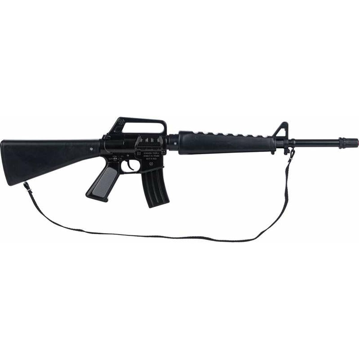 Ett realistiskt utformat, svart leksaksgevär i metall med axelrem, som liknar ett militärt stormgevär.