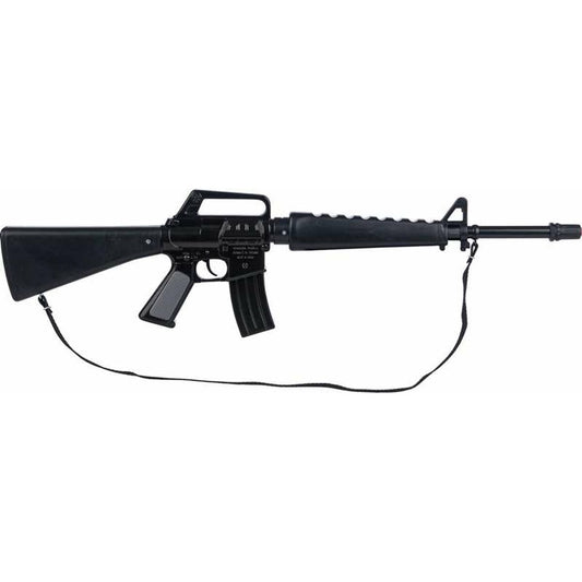 Ett realistiskt utformat, svart leksaksgevär i metall med axelrem, som liknar ett militärt stormgevär.