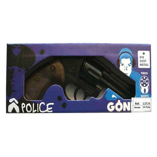 En svart polisrevolver i metall, modell Police Magnum, ligger förpackad i en lila och blå kartong med texten "POLICE" och varumärket "GON".