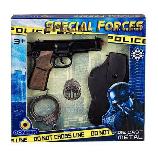 En leksaksutgåva av en svart polisrevolver med brunt handtag, komplett med ett par metallhandfängsel, en polisbricka och ett svart hölster, förpackat i en blå 'Special Forces Police' låda.