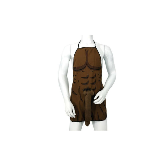 Ett brunt förkläde med tryck av en muskulös mans torso, där den nedre delen av könsorganet är utformat som en plyschig accessoar.