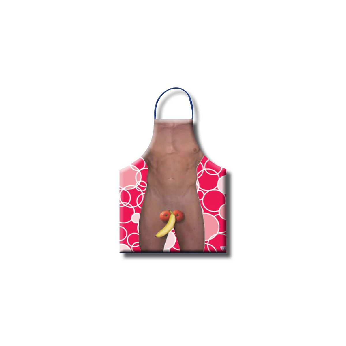 Ett erotiskt förkläde med tryck som simulerar en mans torso, där underlivet täcks av en banan och två tomater, mot en bakgrund av rosa cirklar.