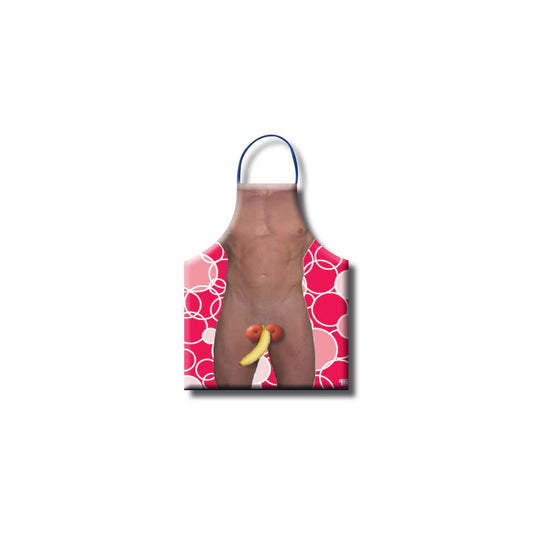Ett erotiskt förkläde med tryck som simulerar en mans torso, där underlivet täcks av en banan och två tomater, mot en bakgrund av rosa cirklar.