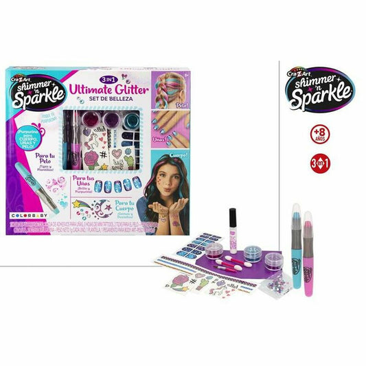 Ett barnsminkset som heter 'CraZ Art Shimmer + Sparkle Ultimate Glitter Set of Belleza' som visar applikationer för hår, naglar och kropp med glitter och klistermärken.