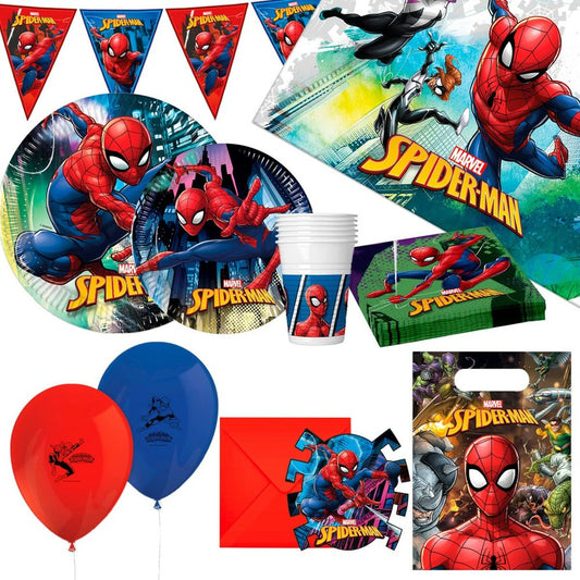 Ett komplett set med 66 delar med Spider-Man-tema, inklusive tallrikar, muggar, servetter, ballonger, flaggbanderoll och en presentpåse.