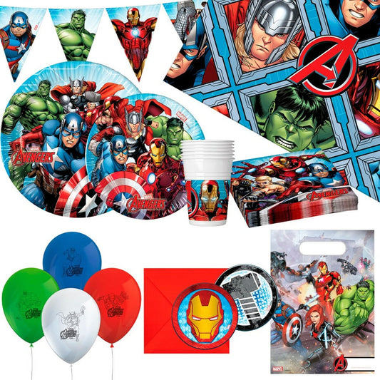 En stor samling Avengers-tema festartiklar som inkluderar tallrikar, servetter, muggar, ballonger, bordsduk och flaggbanderoll med karaktärer som Captain America, Iron Man, Hulk och Thor.