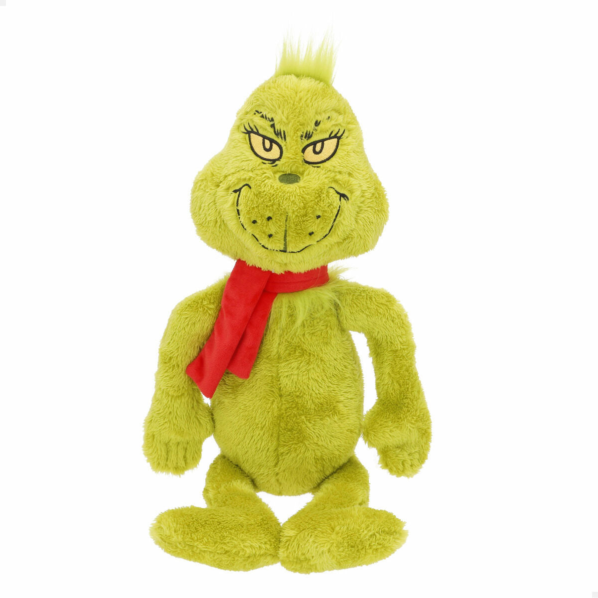 En mjuk och gosig grön The Grinch-plyschleksak med en röd halsduk.
