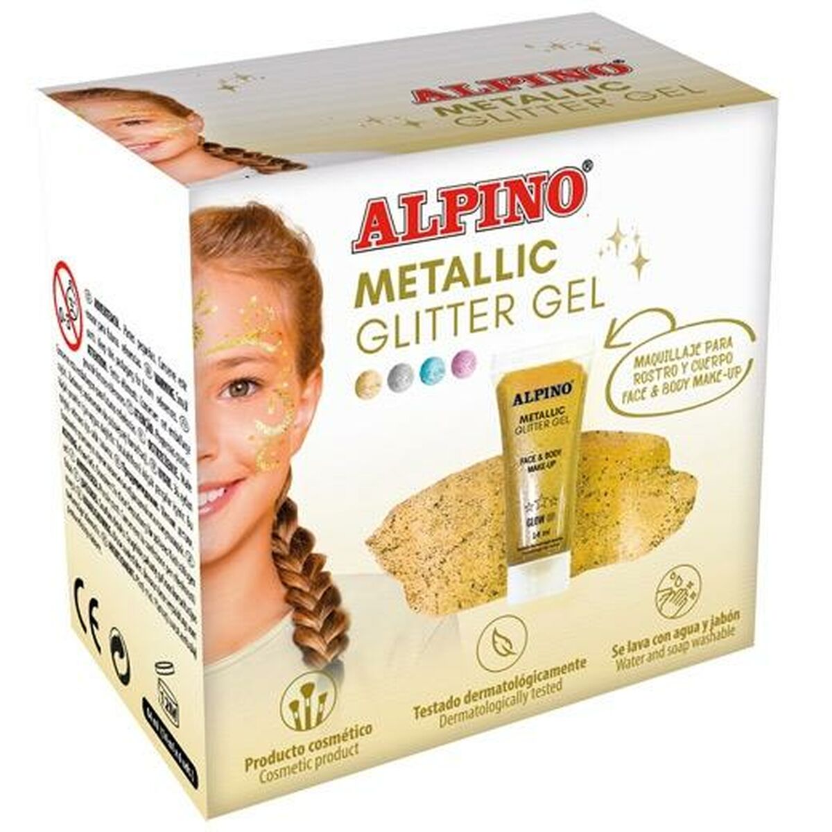 En förpackning med Alpino Metallic Glitter Gel som visar en ung tjej med gyllene glittermålningar i ansiktet.