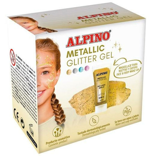 En förpackning med Alpino Metallic Glitter Gel som visar en ung tjej med gyllene glittermålningar i ansiktet.