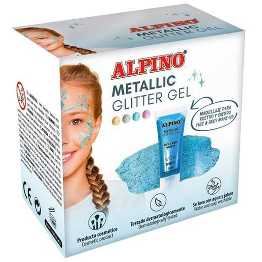 Förpackning med Alpino Metallic Glitter Gel i blå färg, som visar en närbild på en glad flicka med blå glitter i ansiktet.