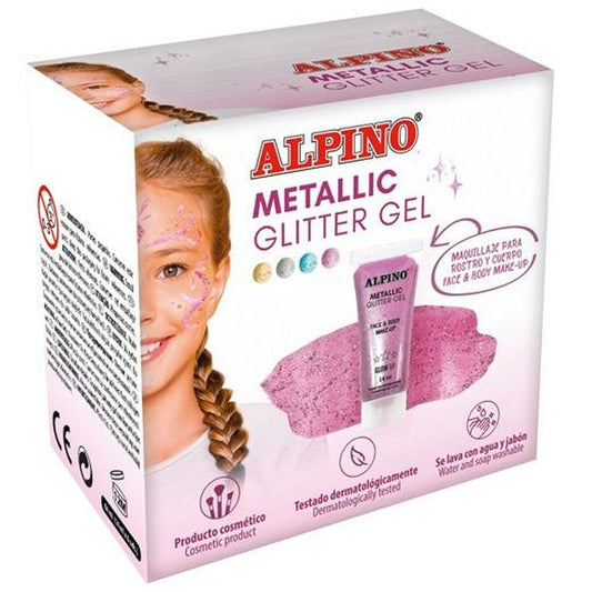 En vit och rosa produktkartong som visar Alpino Metallic Glitter Gel, med fokus på en tub rosa glittergel och ett leende barn med glitter i ansiktet.