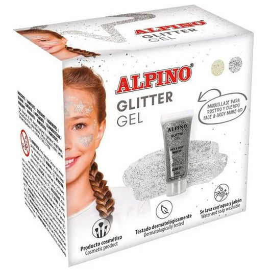 Förpackning med sex tuber Alpino Glitter Gel i färgen silvrig, med en bild på ett barn med glitter i ansiktet.