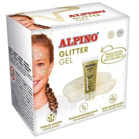 En vit kartongförpackning för Barnsmink Alpino Transparent Glitter Gel som visar en glad tjej med gyllene glitter i ansiktet.