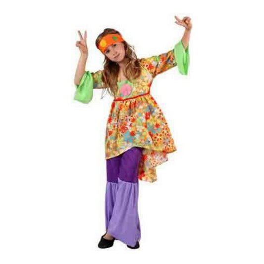 Ett barn klädd i en färgglad hippie-maskeraddräkt med blommigt linne och lila/lila utsvängda byxor, som gör fredstecken.