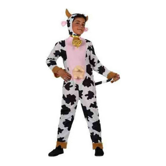 Ett barn poserar i en hel dräkt föreställande en ko, komplett med svarta och vita fläckar, en rosa mage, horn och öron på huvan samt en liten bjällra runt halsen.