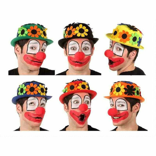 Sex olika modeller av glada clowner som bär färgglada bowlerhattar prydda med stora, tjocka blommor i olika färgkombinationer.