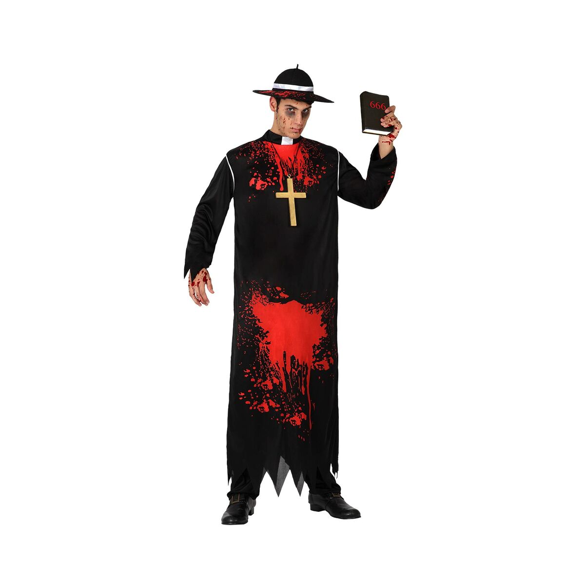 Man iklädd en svart, blodfläckad prästdräkt med hatt, guldkors och håller en liten bok märkt "666" i handen.