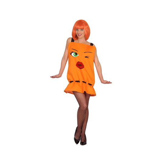 En kvinna i en kort, orange maskeraddräkt formad som en gasflaska med ett stort, blinkande emoji-ansikte med röda läppar.