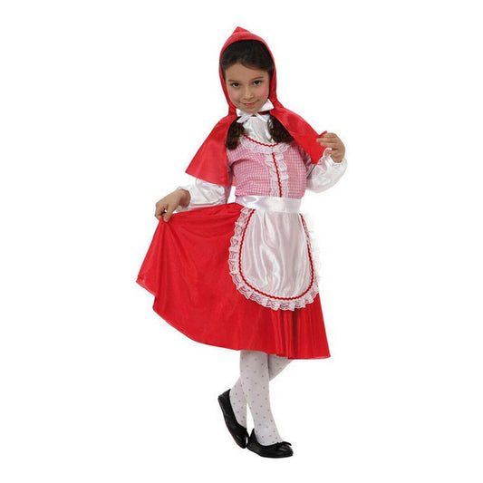 Ett glatt barn klädd i en rödluvan maskeraddräkt som inkluderar röd kjol, vit blusdel, vitt förkläde och röd huva.