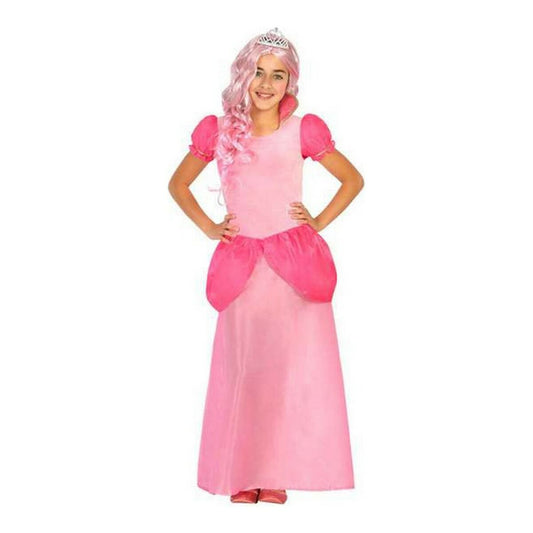 Ett barn i en lång, rosa prinsessklänning med puffärmar och en silverfärgad tiara på huvudet.