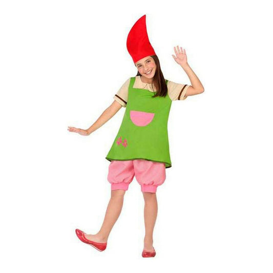 Ett glatt barn i en grön och rosa tomte- eller nisse-inspirerad maskeraddräkt med en hög, spetsig röd mössa.