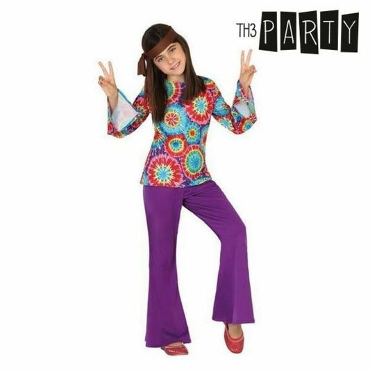 Ett glatt barn med brunt hår bär en färgglad tie-dye hippietopp, lila utsvängda byxor och ett brunt pannband, poserar med fredstecken.