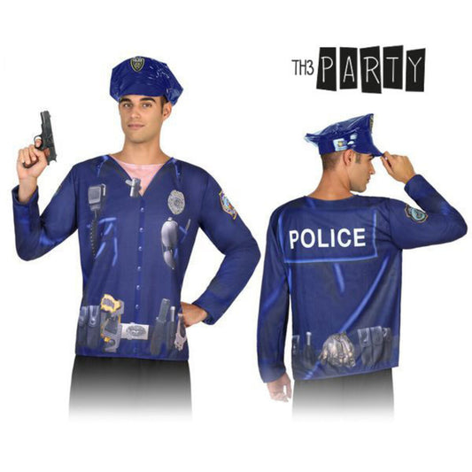 En man visar fram- och baksidan av en blå långärmad T-shirt med tryck som ser ut som en polismans uniform, komplett med utrustning på framsidan och texten 'POLICE' på ryggen. Han bär också en blank blå poliskeps.