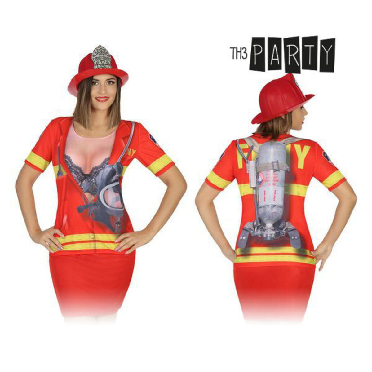 Kvinna klädd i en röd brandmanst-shirt med tryck av en öppen jacka som avslöjar en svart spetsbehå framtill, och en tryckt syrgasflaska baktill. Hon bär även en röd brandmanshjälm.