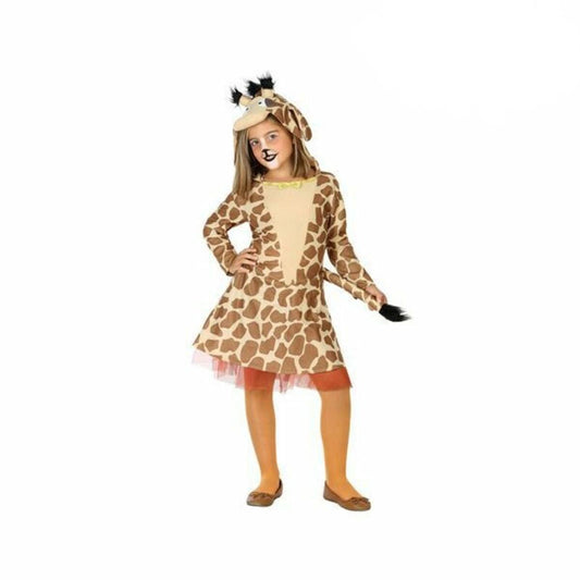 Ett barn i en brun och beige giraffmaskeraddräkt med matchande djurhuva och fastsydd svans.
