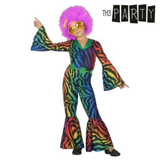 Ett barn klädd i en färgglad discojumpsuit med utsvängda ärmar och byxor, samt en rosa afroperuk och gula solglasögon.