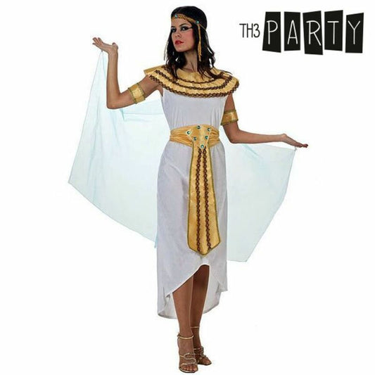 Kvinna i vit och guldfärgad egyptisk inspirerad maskeraddräkt med huvudbonad och svepande mantel.
