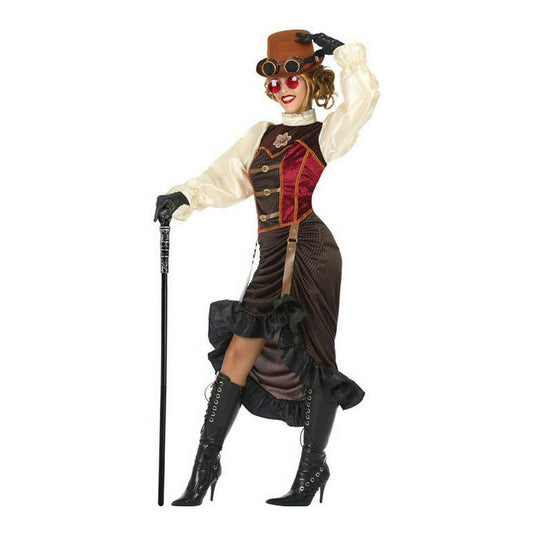 Kvinna i brun Steampunk-maskeraddräkt med en krinolin-liknande kjol, korsett, vita puffärmar, hög hatt med skyddsglasögon och svarta långa stövlar hållande i en dekorativ käpp.