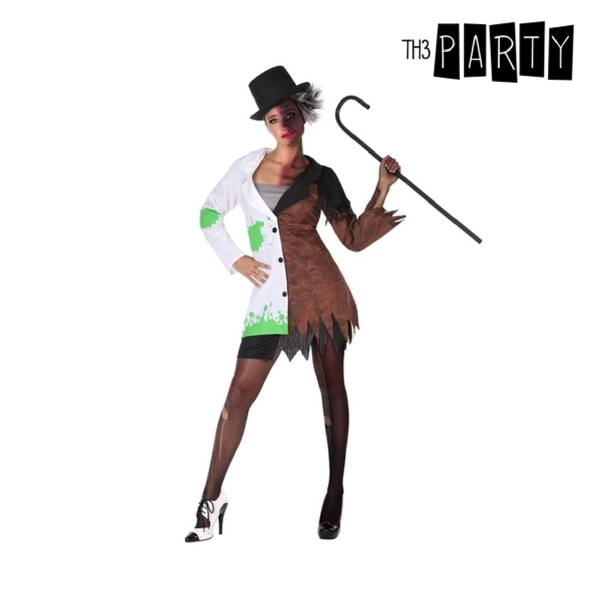 En kvinna poserar i en Dr. Jekyll och Mr. Hyde-inspirerad dräkt, där ena sidan av klädesplagget är vitt med gröna stänk och den andra är brun och fransig. Hon bär hög hatt och håller en käpp.