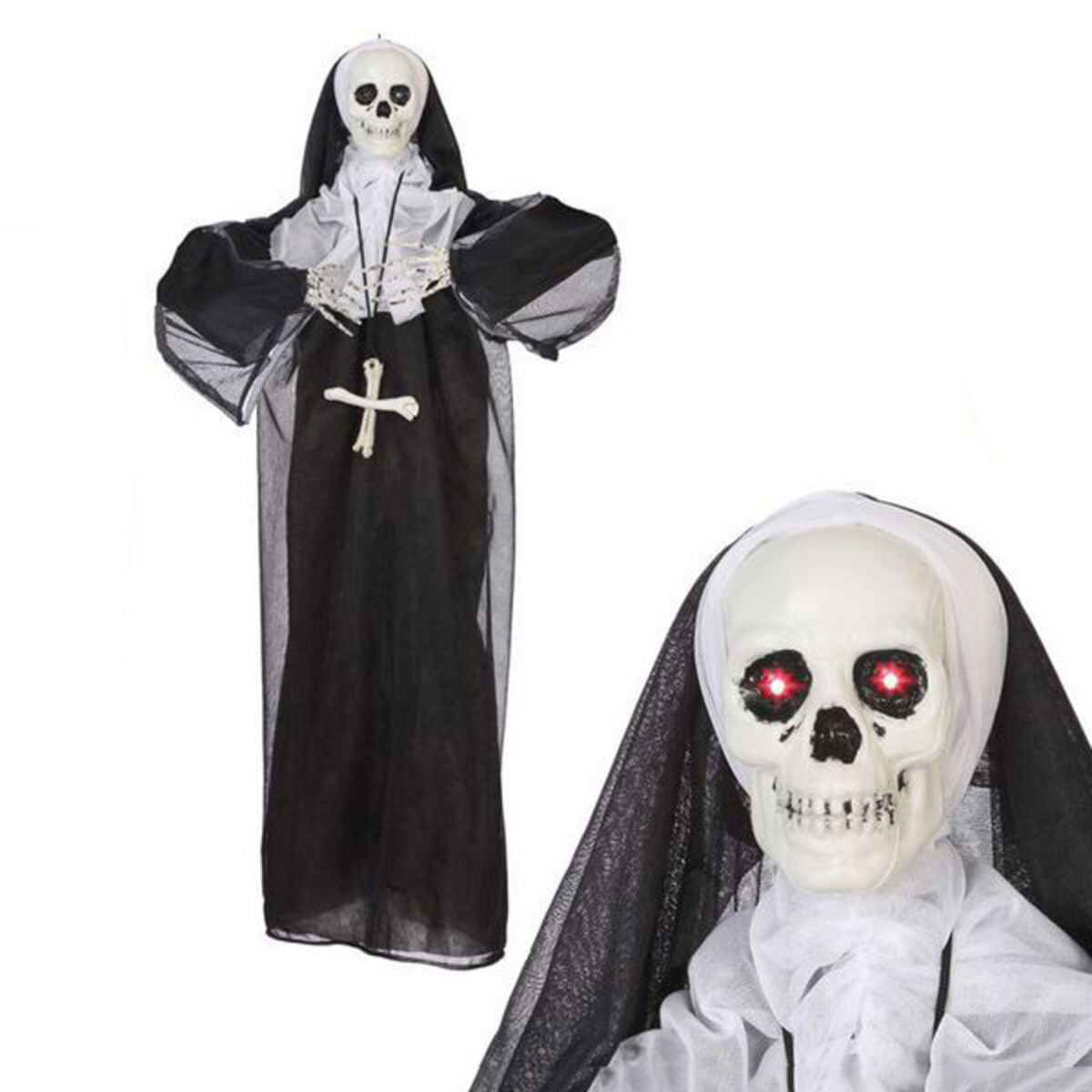 En hängande Halloween-dekoration föreställande ett skelett i nunnedräkt som håller ett kors. Skelettets ögon lyser rött.