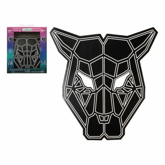 En svart, geometrisk mask utformad som ett djurhuvud med vita LED-linjer, förpackad i en låda som visar att den aktiveras av ljud.