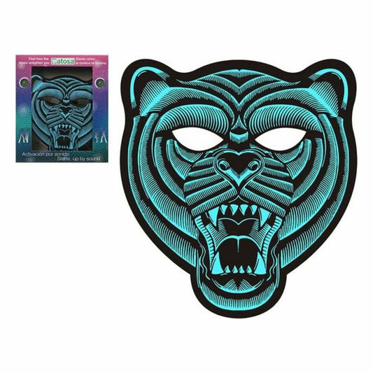 En neonblå, glödande LED-mask föreställande ett morrande vilddjur eller tigerhuvud, visad både i och ur sin förpackning.